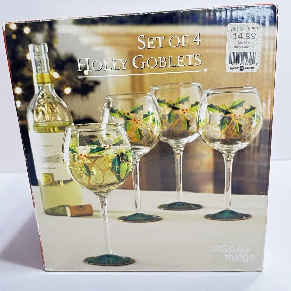 Set 4 Holly Christmas Goblets Linen & Things Holiday Gold Rim Boxes Wine 16 Oz